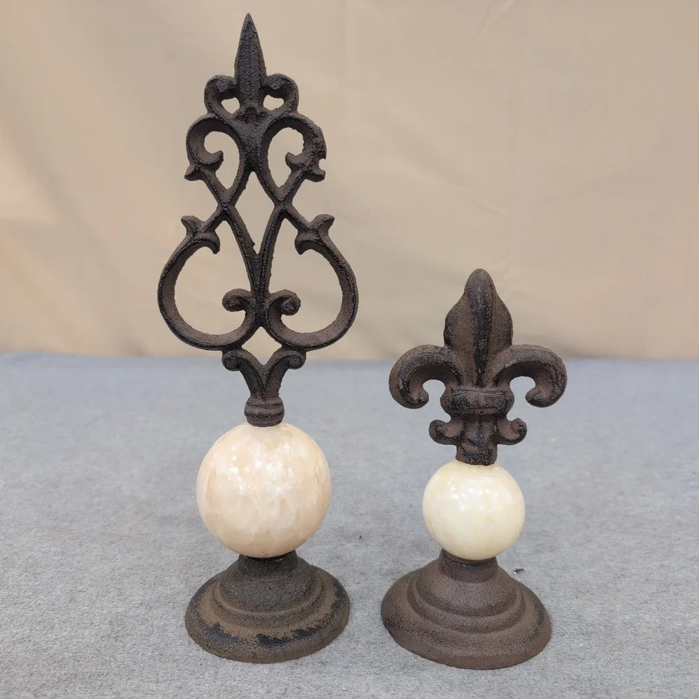 Cast Iron and Stone Fleur-de-Lis Scrollwork Finials Set of 2 Brown Cream - Picture 1 of 8